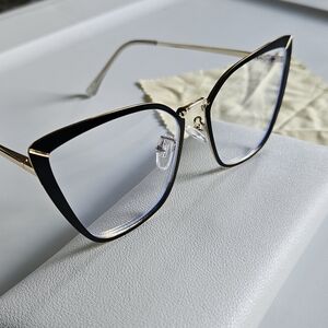 New Stylish Gold & Black Cat Eye Glasses w/ Faux Leather Case + Wipe